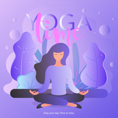 Yoga time banner. The girl is meditating. The girl practices yoga.