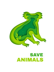 Save animals in Australia concept banner. Green silhouette of koala in paper cut style. Vector illustration.