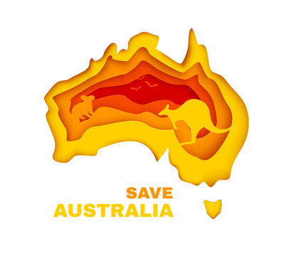 Save Australia concept banner. Color continent in paper cut style with silhouette of koala, kangaroo and birds. Vector illustration.