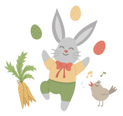Vector flat funny bunny with colored eggs, carrot and singing bird. Cute Easter illustration. Spring holiday picture isolated on white background..