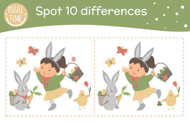 Easter find differences game for children. Spring holiday festive preschool activity with girl, basket, bunny, chicken and butterfly. Puzzle with cute funny smiling characters..