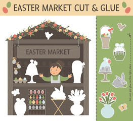 Vector Easter market cut and glue for children. Spring holiday educational activity with smiling saleswoman, bunny, bird, colored eggs in basket.