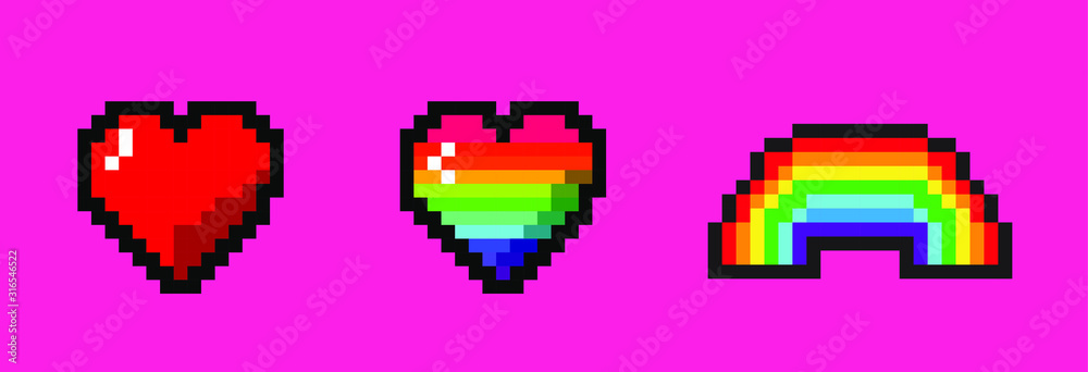 Poster Set of pixel art icons in retrowave 8-bit style like in old video games. Heart and rainbow symbols.