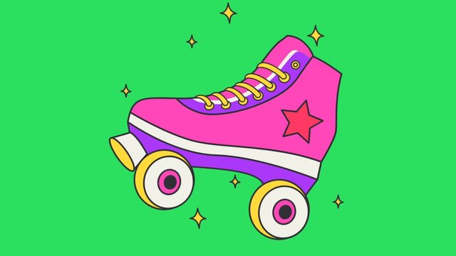 Animation pink skating shoes on green background.