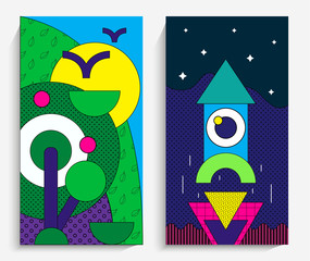 Minimal geometric illustration. Bright vector. Trees, birds, the sun. Perfect rocket for space. Perfect suit for greeting cards, stickers, baners, posters, email, print etc. Vector eps 10