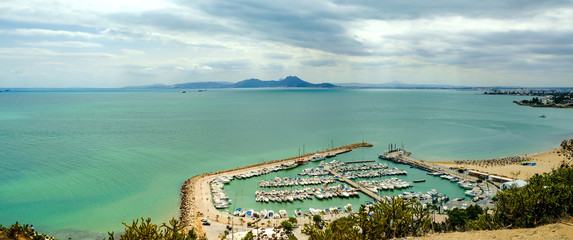Panorama of the port of Sidi Bou Said in Tunisia. Top View