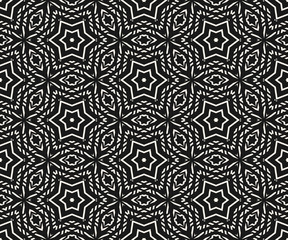 Delicate vector seamless pattern. Subtle ornament texture with linear geometric shapes, stars. Abstract monochrome ornamental background, repeat tiles. Dark oriental design for decor, fabric, covers