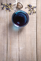 Pea tea, butterfly blue tea in glass mug, herbal detox drink. Anchan. Herbal hot or cold beverage