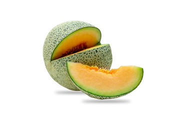 Ripe cantaloupe melon cut slice isolated on white background With clipping path