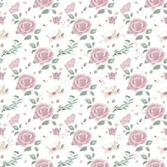 Watercolor retro pattern with roses, hearts, kisses and envelopes