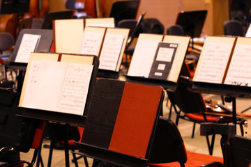 music stands with piano notes background.  