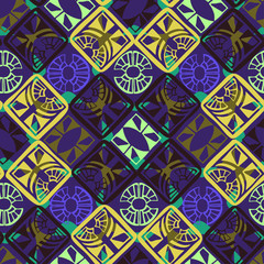 Seamless vector pattern with decorative abstract shapes in squares. The design is suitable for decorations, textiles, stickers, backgrounds. 