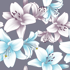 Colorful floral seamless pattern with blue flowers of lilies.