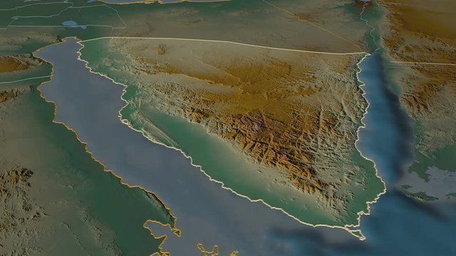 Janub Sina, governorate with its capital, zoomed and extruded on the relief map of Egypt in the conformal Stereographic projection. Animation 3D