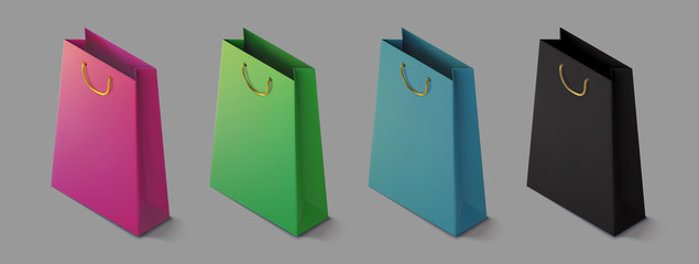 Set paper realistic colorful shoping bag. Mockup isometric package for purchases. Handbag 3d icon.Template for products, web banners and leaflets. Vector Illustration