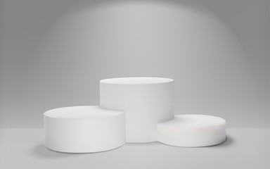 White winners podium 3D render. Awarding of winners of sports competitions. Round realistic pedestal. Vector illustration