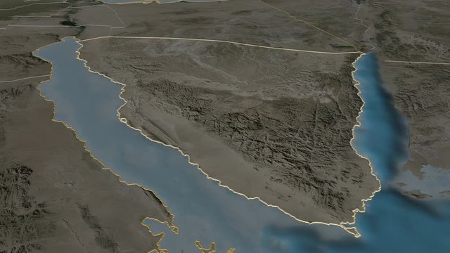 Janub Sina, governorate with its capital, zoomed and extruded on the satellite map of Egypt in the conformal Stereographic projection. Animation 3D
