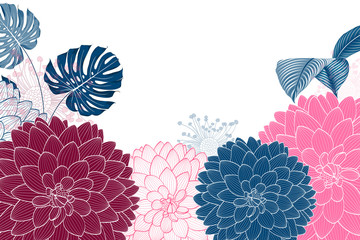 Floral pattern with flowers dahlia and abstract monstera leaves.
