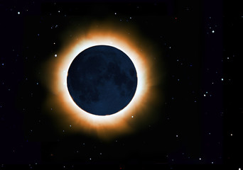 Solar corona full eclipse over starry sky, visible moon