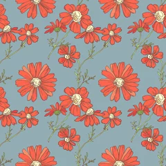 Gardinen Seamless pattern with red flowers on blue background © ioneek