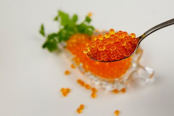 Caviar in a spoon and in a bowl isolated on a white background. Luxury culinary food background.