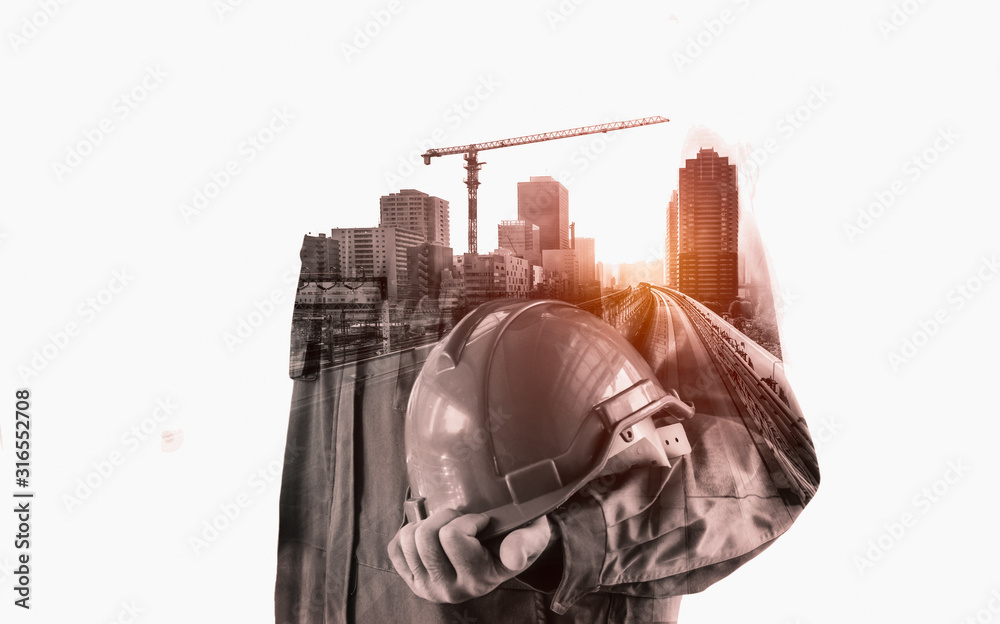 Wall mural future building construction engineering project concept with double exposure graphic design. buildi