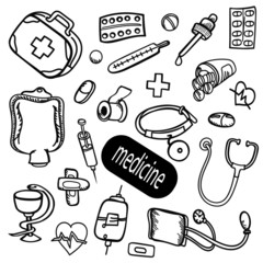 equipment tablets medicine set elements doodle monochrome graphics objects outline sketch illustration icons