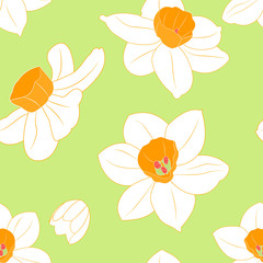 Floral pattern background with yellow or white narcissus. Daffodil flower or narcissus isolated on green  background. Great for wallpaper, gifts, textile, card, packaging design.