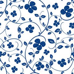 Chinese seamless porcelain floral pattern background. Oriental blue tea olive or osmanthus pattern. Great for wallpaper, gifts, textile, silk, packaging design.