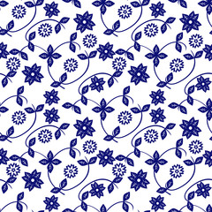 Ceramic blue and white floral pattern. Cute porcelain background design. Great for wallpaper, gifts, textile,  packaging design.