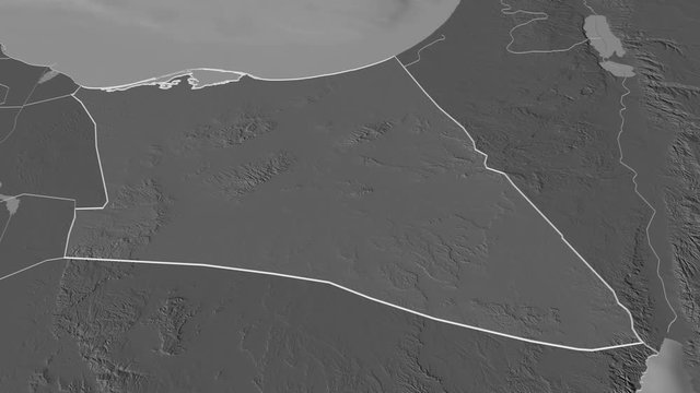 Shamal Sina', governorate with its capital, zoomed and extruded on the bilevel map of Egypt in the conformal Stereographic projection. Animation 3D