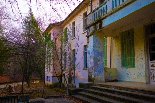 Overexposed Abandoned Hotel Front While Snowing