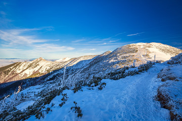 Winter mountain landscape in a sunny day. The Mala Fatra national park in Slovakia, Europe.