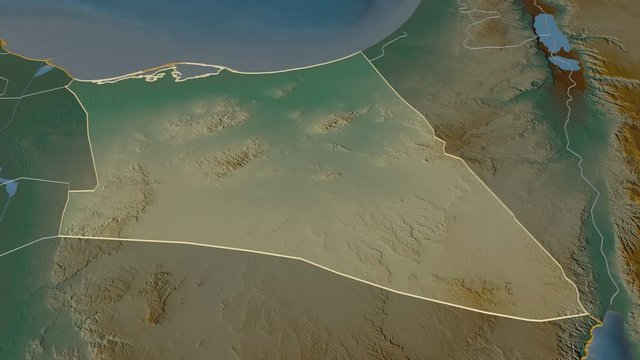 Shamal Sina', governorate with its capital, zoomed and extruded on the relief map of Egypt in the conformal Stereographic projection. Animation 3D