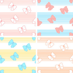 Set of bow patterns. Bright 4 patterns with bows. Pink, blue, yellow and peach striped with bow background. Great for baby's wallpaper, gifts, textile, card, packaging design. 