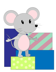 Vector illustration with mouse and gifts. Cartoon mouse greeting card