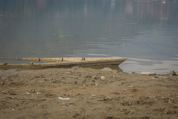 Boats in Phewa Tal lake in Pokhara, Nepal