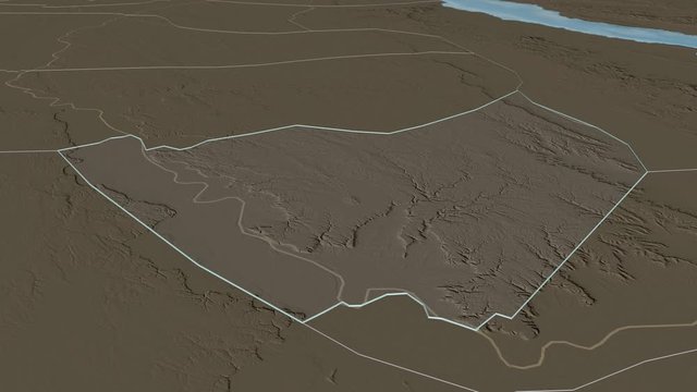 Suhaj, governorate with its capital, zoomed and extruded on the administrative map of Egypt in the conformal Stereographic projection. Animation 3D