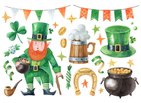 Saint Patrick's day clipart collection. Set of watercolor symbols include leprechaun, pot of gold, green hat, horseshoe, beer mug and decorations isolated on white background. Hand drawn illustration.