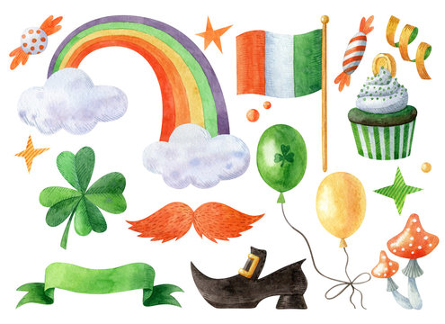 Saint Patrick's day clipart collection. Set of watercolor symbols include rainbow, irish flag, shamrock, leprechaun shoe, cake and decorations isolated on white background. Hand drawn illustration.
