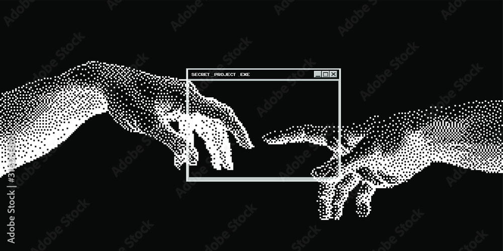 Poster the creation of ai, the hands going to touch together look like the michelangelo's art work. cyberpu