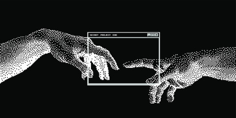 The Creation of AI, the hands going to touch together look like the Michelangelo's art work. Cyberpunk/ vaporwave style art collage.