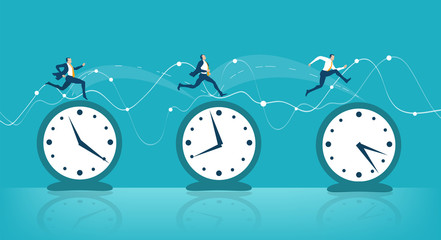 Business people hopping from one clock to another as symbol of business travel, international communication and different time zones leaving Business concept illustration. 