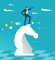 Successful young businessman staying on top of horse chess future and looking with telescope to the future, trying to find a new opportunity and business deal. Business concept illustration. 