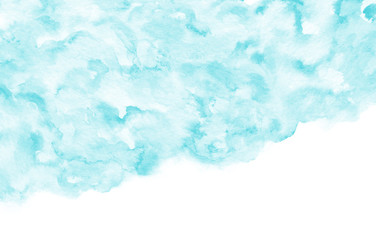 Hand painted turquoise watercolor texture on the white background. Abstract illustration with flow of paints. Abstract illustration used as a template for cards