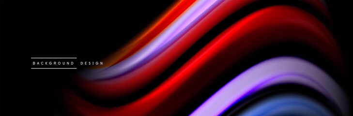 Silk and smooth flow wave poster design. Color waves, liquid style lines and shapes in black color background