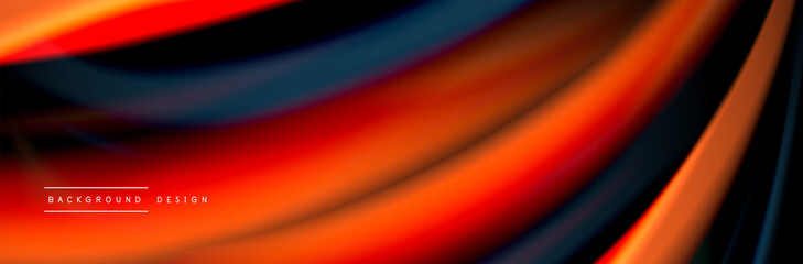 Silk and smooth flow wave poster design. Color waves, liquid style lines and shapes in black color background