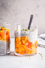 Chia pudding with persimmon and pumpkin seeds in glasses, gray background. Vegan food concept.