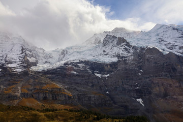 View of Landscape snow alp mountain in nature and environment at swiss from train down hill jungfrau mountain