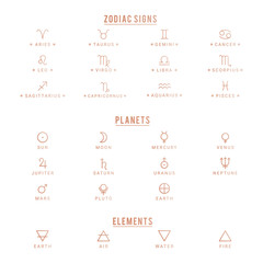 Collection of 12 zodiac signs, plamets and elements signs.
